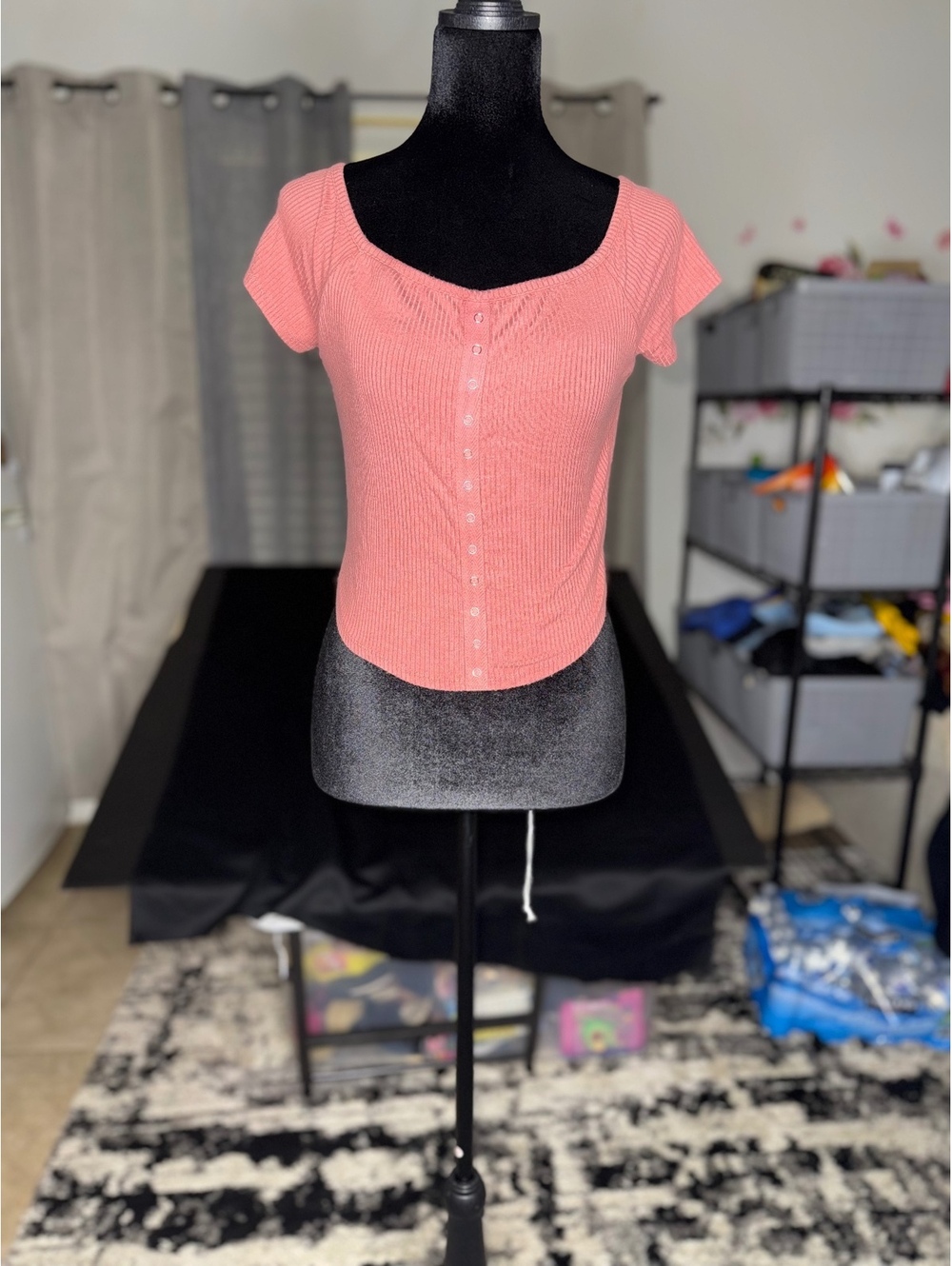 Bozzolo Large Pink Ribbed Button-Up Short Sleeve Top